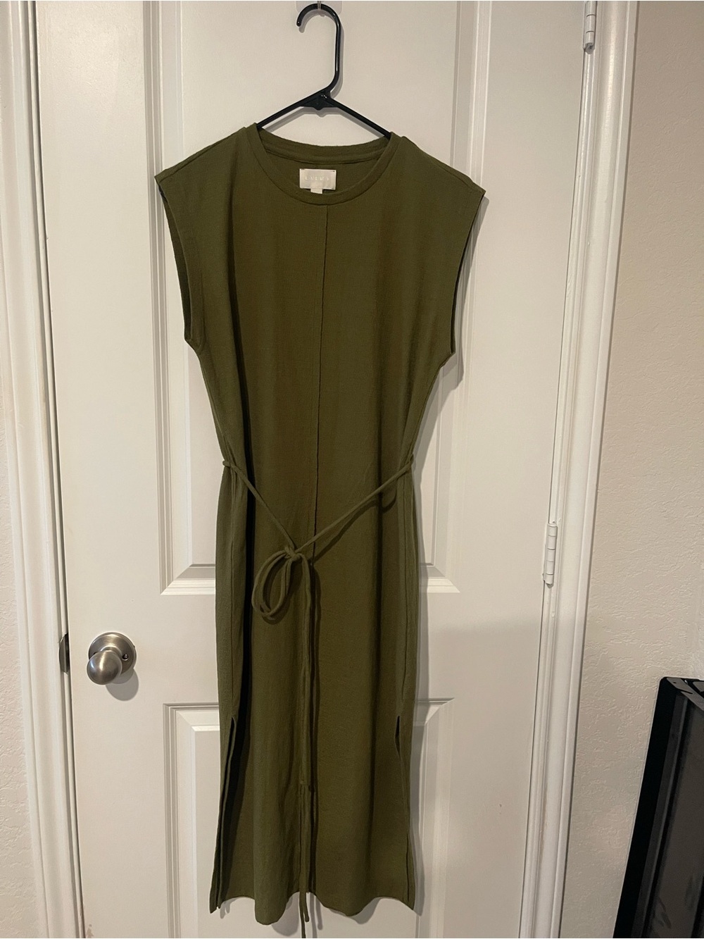 Everly Olive Green Sleeveless Midi Dress with Tie Waist